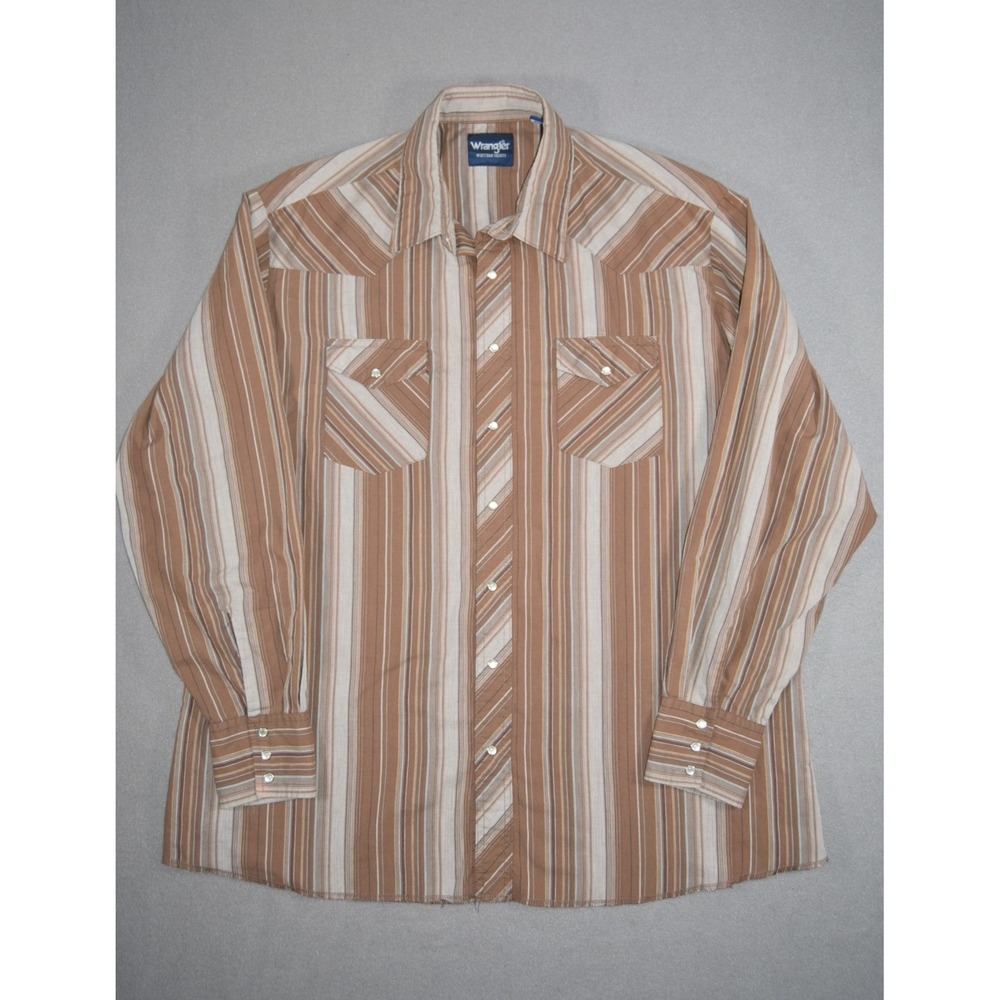 Vintage Wrangler Shirt Mens 2XL Tall Brown Striped Western Pearl Snap Cowboy
